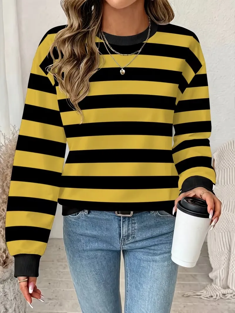 Retro classic thick and thin striped letter printed hoodie, women's long sleeved round neck casual loose pullover tops