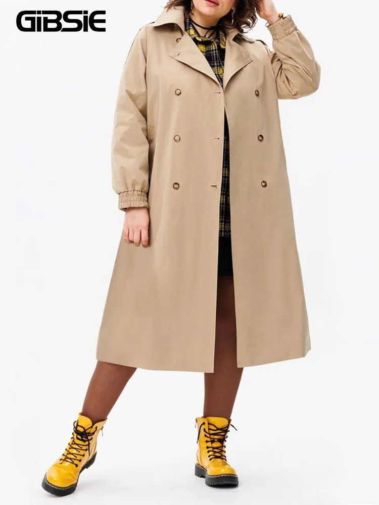 

GIBSIE, двубортный длинный плащ больших размеров для женщин, осень 202, свободная верхняя одежда с зубчатым вырезом и длинными рукавами, уличная одежда