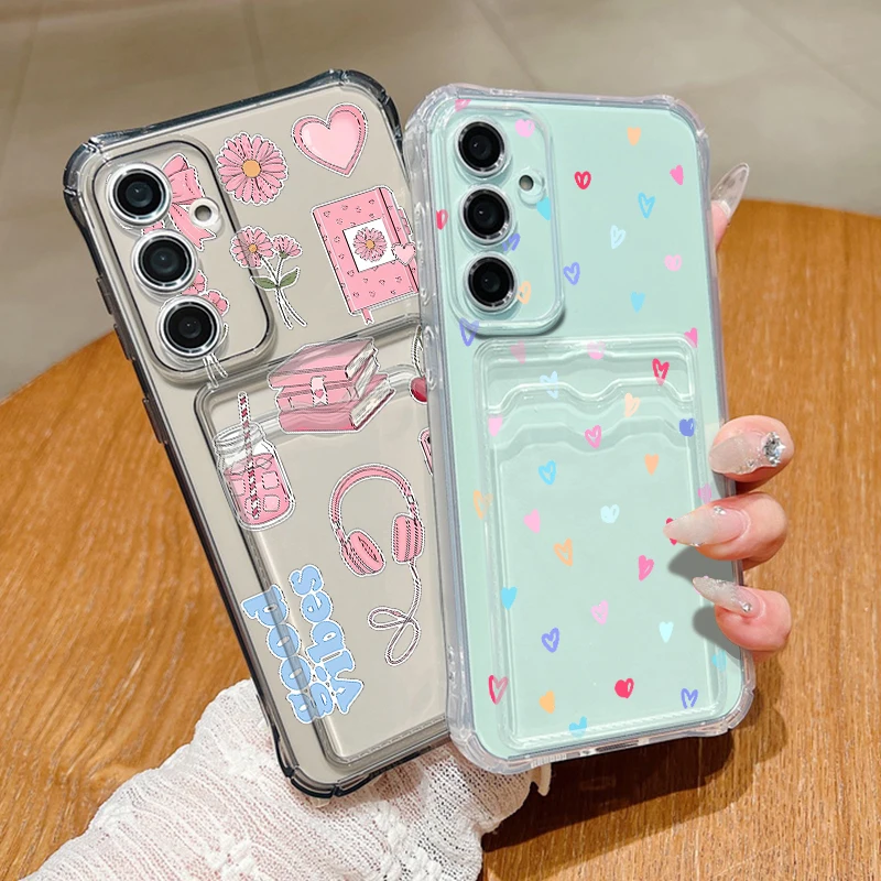 Card Slot Phone Case For Samsung Galaxy S26 S25 S24 Ultra S23 S25 FE A57 A37 A17 A56 A55 A16 A54 5G Love Heart Printed TPU Cover