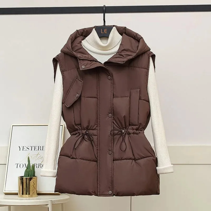 Women Sleeveless Vest Down Cotton Jacket Solid Korea Hooded Padded Vests 2024Ladies Casual Winter Coat Females Top Chaleco Mujer