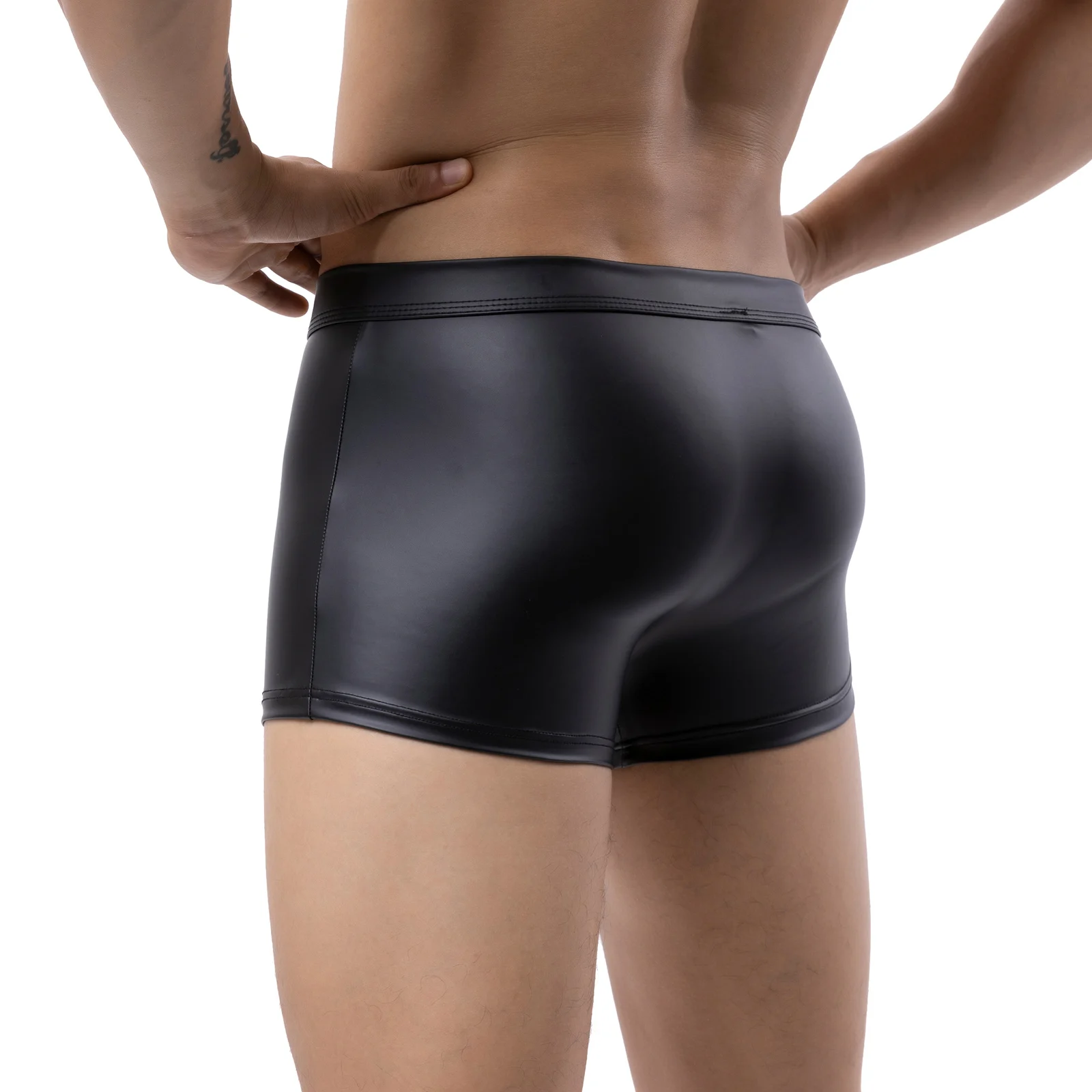 CLEVER-MENMODE Men Sexy Boxers Faux Leather Penis Pouch Panties Boxershorts Underwear Erotic Hollow Crotch Underpants Metal Ring