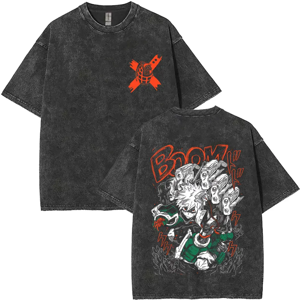 Washed Vintage Anime My Hero Academia T-Shirt Cartoon Bakugou Katsuki Graphic T Shirts Men Women Manga Oversized Cotton T-shirts