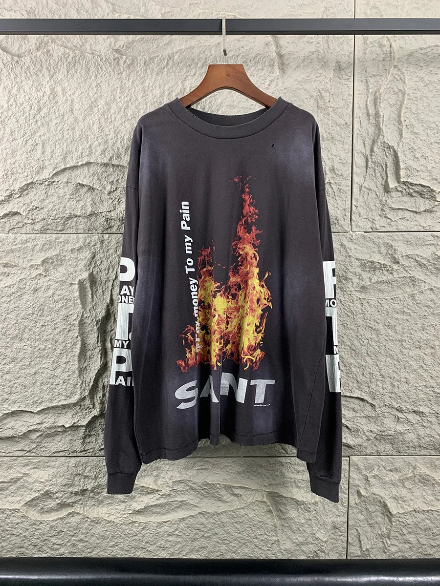 Street Style T-Shirt Men's Loose Long Sleeve Weathered Print Flame Letter Design Casual Cotton Top for Autumn Daily Wear