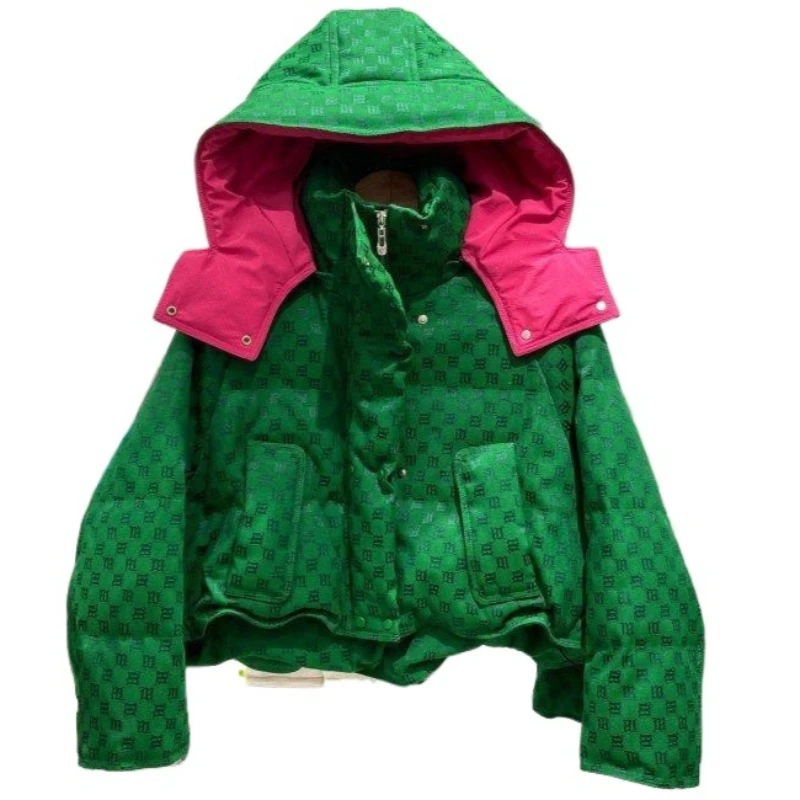 

New Removable Hat Down Jacket Women's Short European Tide Letter Jacquard Color Matching Loose Coat Winter High Appearance Level