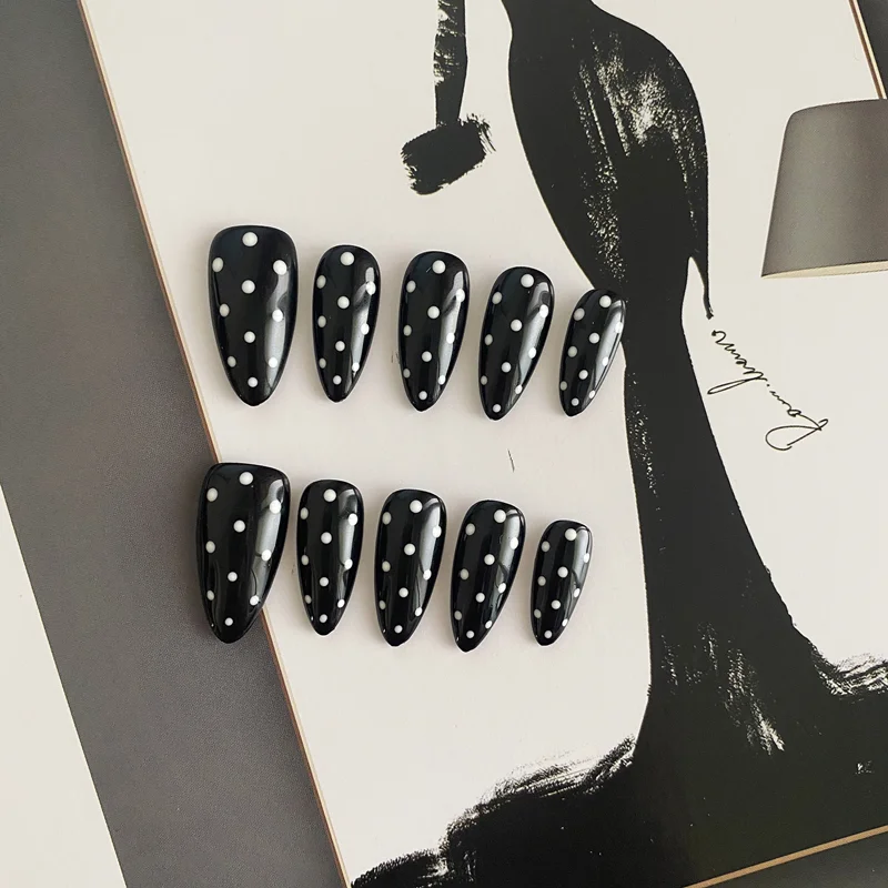 10Pcs Handmade Press on Nails Black Almond Arcylic Fake Nails White Polka Dot Reusable Press Ons Cool Artificial Tips Kit Flower