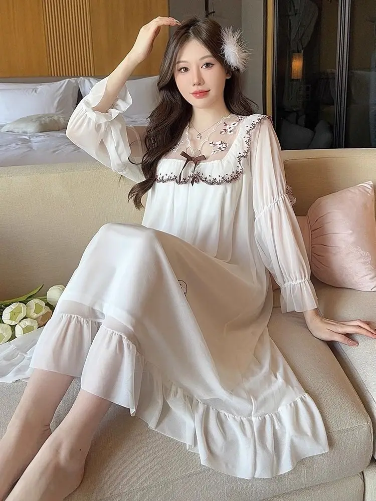 

Korean Mesh Nightgown for Women Cute Princess Style Mid-length Dress With Breast Pads Long-sleeved Home Wear Woman Outfit Pajama