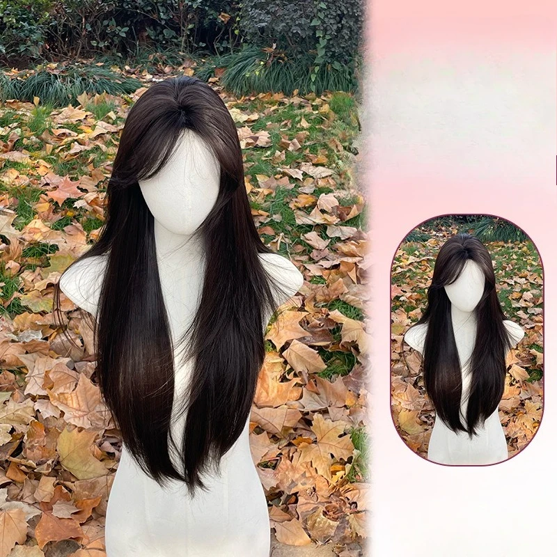 

Wig women's daily long straight hair winter new sweet and cute realistic full hood