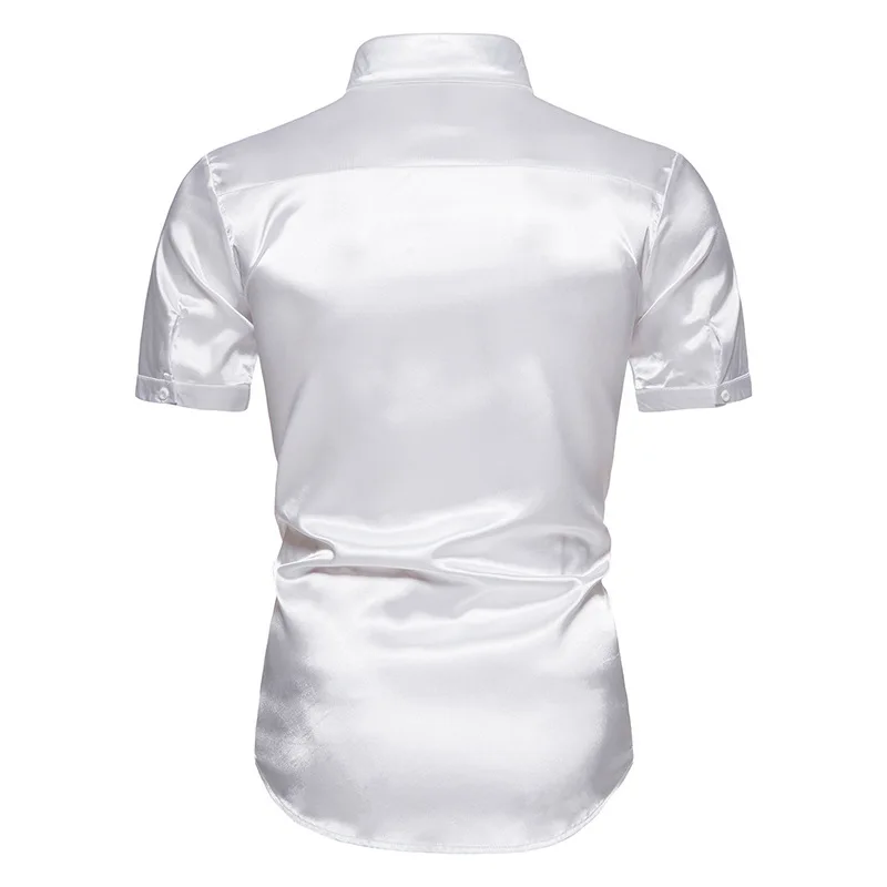 Summer White Silk Satin Shirts for Men Short Sleeve Slim Fit Party Wedding Tuxedo Shirt 2023 Brand New Casual Button Down Shirts