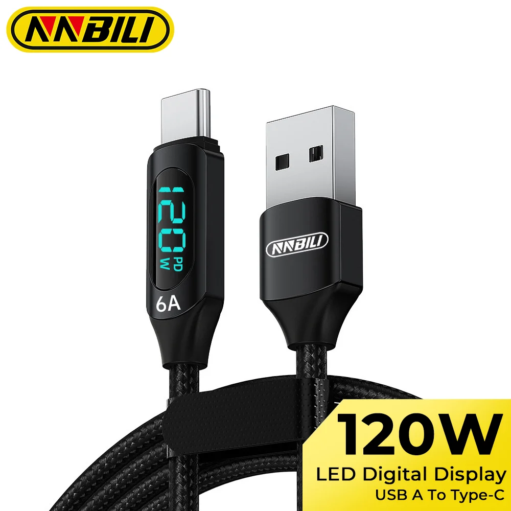 NNBILI 120W USB-A-auf-Typ-C-Kabel, schnelles Laden, USBC-auf-USBC-Ladekabel für Samsung Huawei mit LED-Digitalanzeige, Datenkabel