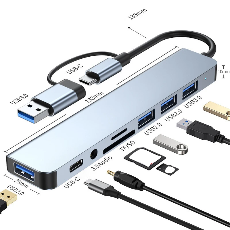 8-In-1 USB C Hub USB Hub 3.0, VIENON Aluminum USB Extender, USB Splitter With 1 X USB 3.0, 4 X USB 2.0 And 2 X USB C Ports