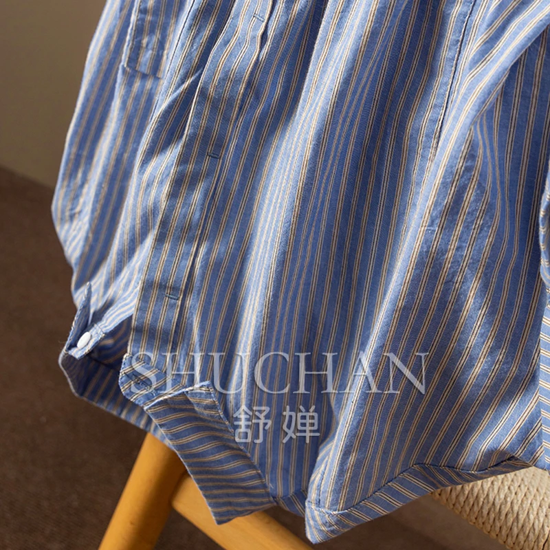High-quality Cabinet 60 Cotton Striped Short-sleeved Shirt Women's 9W83  Blusas Mujer De Moda 2025 Verano