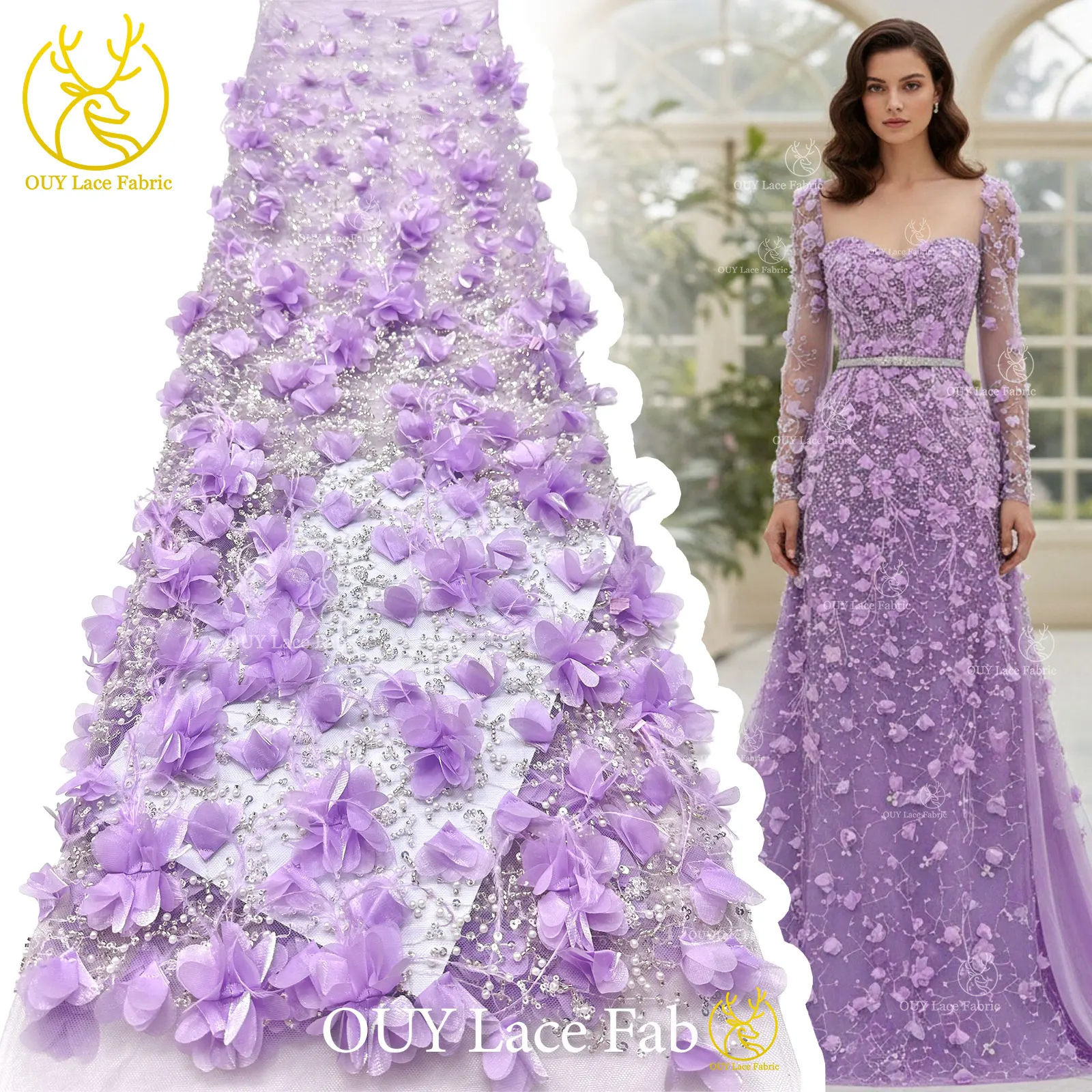 

Elegant 3D Handmade Applique Lace Fabric 2026 High Quality French Sequins Beaded Tulle Lace For Wedding Party Dress 5 Yards