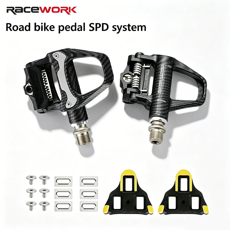 

RACEWORK Ultra Light Bicycle Self-Locking Pedal Road Bike Carbon Pattern Lock Pedal SPD System Peilin Pedal Riding Accessories