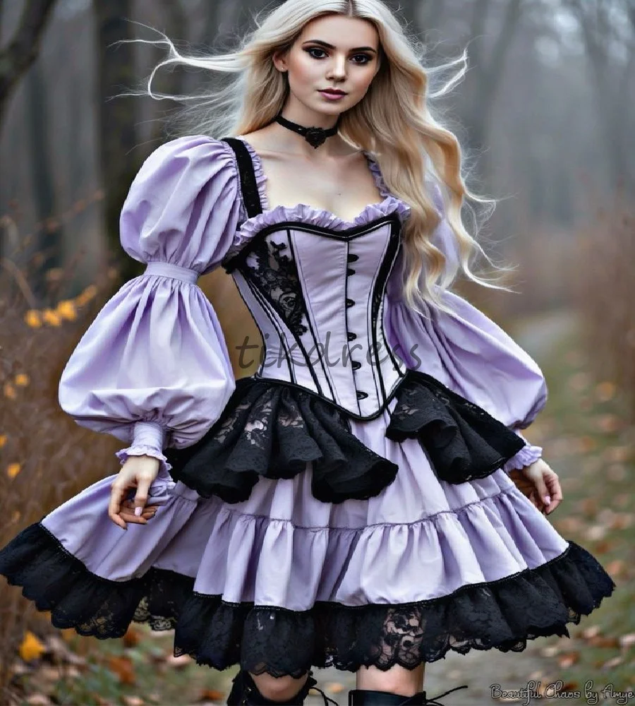 

Vintage Cosplay Lolita Prom Dress Lilac With Black A Line Long Sleeve Medieval Evening Dress Lace Cocktail Halloween Customized