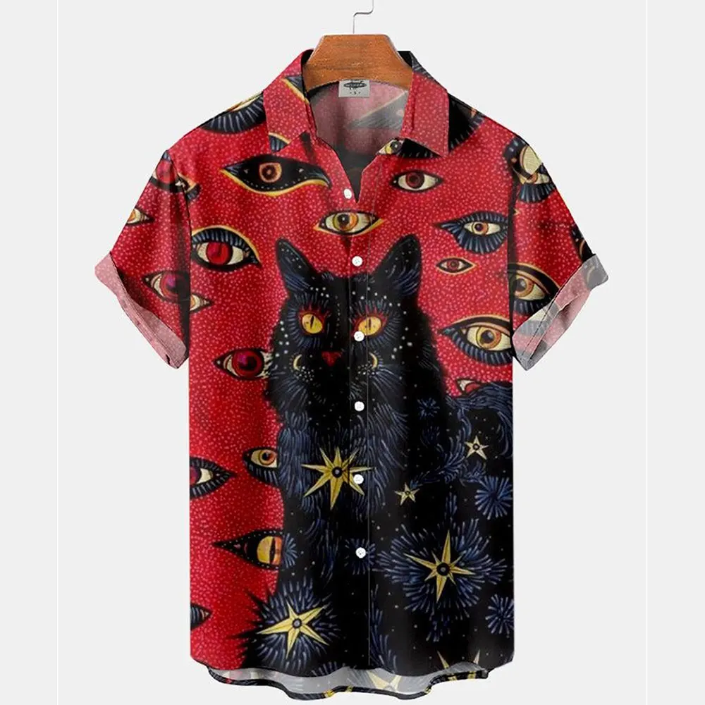 Chemise de plage hawaïenne à manches courtes pour hommes, vêtements décontractés à revers, imprimé animal de dessin animé, chat, anime vintage, été