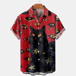 Cartoon Animal Cat Print men's Shirts Summer Anime Vintage Clothing Lapel Hawaiian Beach Shirt Men's Casual Short Sleeved Tops