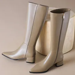 Women's Knee High Boots Genuine Leather Low Heel Winter Shoes Ladies Footwear Big Size 45 Zipper Black Long Chelsea Boot Brand