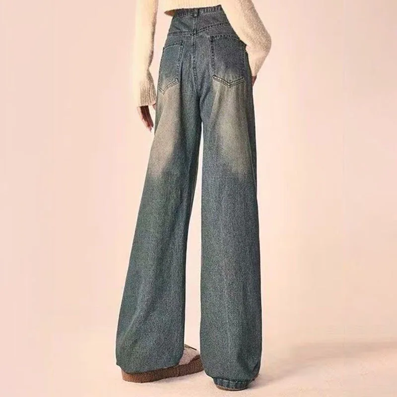 Fried Street Embroidered Jeans Women Spring  Autumn New Loose Design Sense Meat Covering Wide Leg Pants Female Denim Long Pants