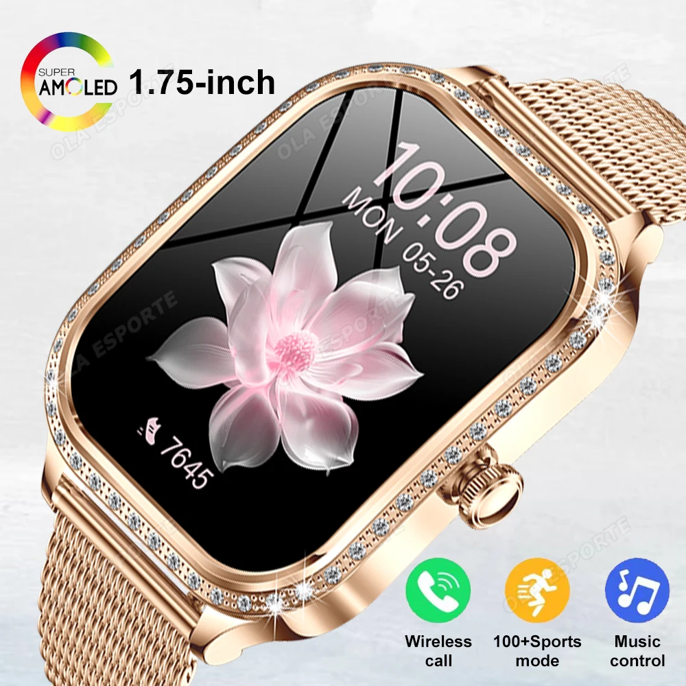 

Женские умные часы 1,75 дюйма HD AMOLED-экран Голосовой вызов Мониторинг сердечного ритма сна 100 + спортивные режимы Bluetooth Smartwatch Водонепроницаемые