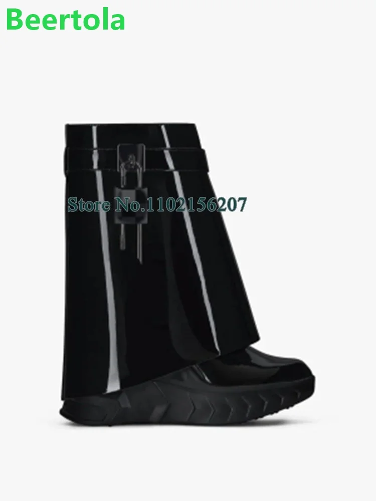 Thick Sole Lock Luxury Design Shark Boots For Female 2024 New Round Toe Mid-calf Fashion Runway All-match Hot Sale Shoes