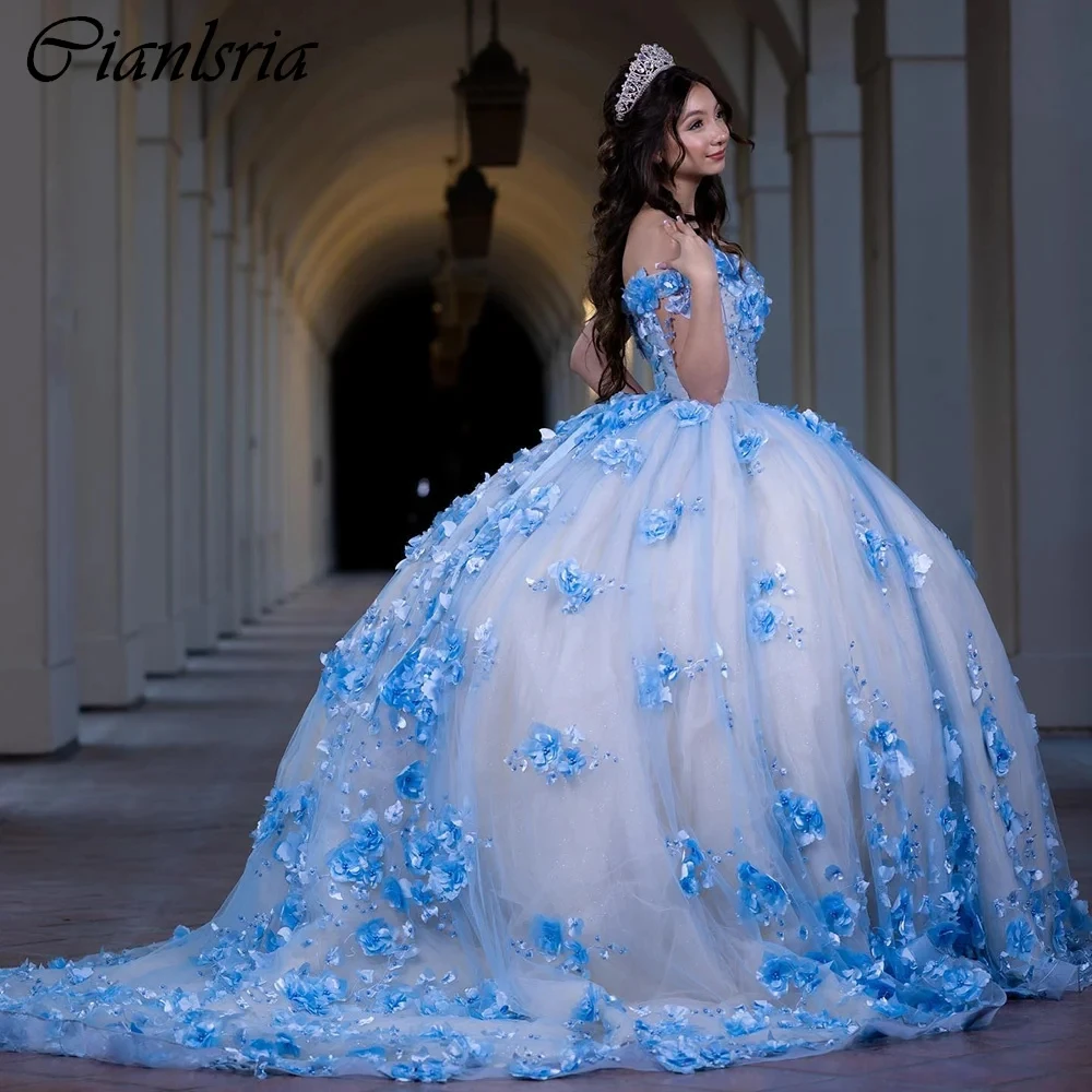 

Light Blue Pearls Beading Ball Gown Quinceanera Dresses Off The Shoulder 3D Floral Lace Corset Vestidos De 15 Años
