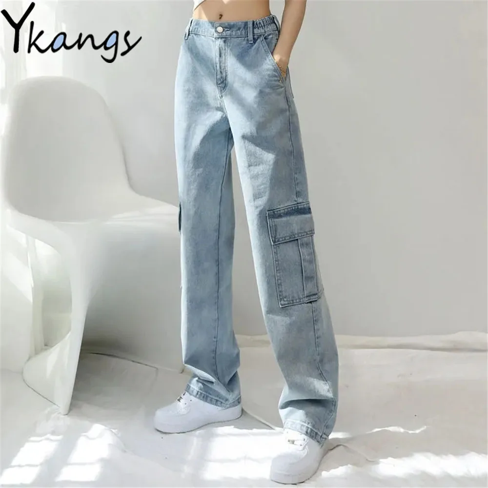 Multi Pockets Blue Loose Wide Leg Jeans High Waist Vintage American Cargo Pants Women Korean Fashion Streetwear Denim Trousers