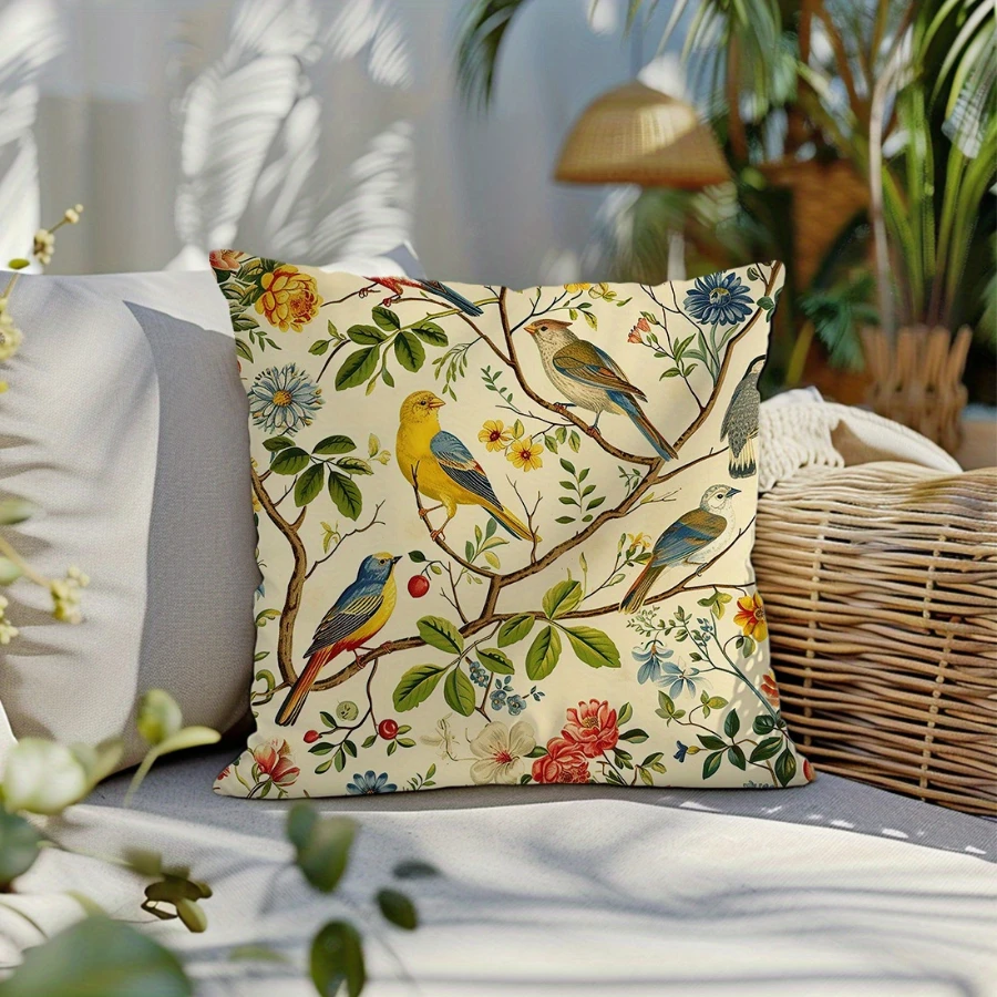 1PC Digital Print Pillow Cover Cushion Cover Retro Vintage Flower Bird Botanical Illustration Art Decorative Throw Pillow Case