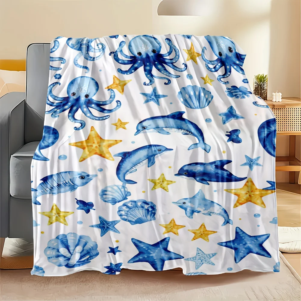 Watercolor Sea Creature Flannel Throw Blanket, Blue Octopus Dolphin Starfish Print Soft Warm Blanket for Sofa Bedroom Home Decor