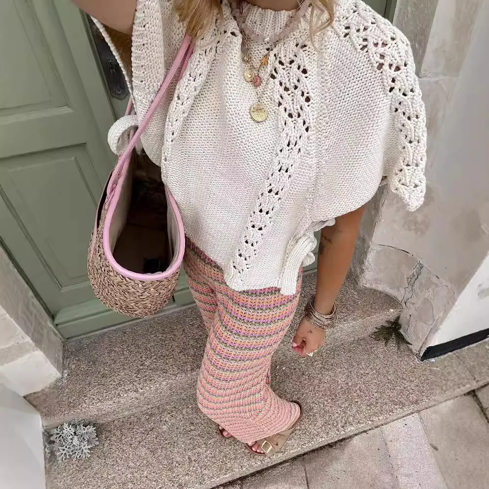 

Casual Knit Hollow Out Pullovers Women Loose O-neck Short Sleeve Lace Up Sweaters 2024 Autumn New Female Solid Knitwear Top