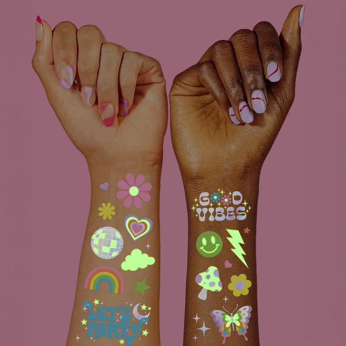 

Glow in Dark + Foil Temporary Tattoos - 82pc, Flower Power Party Supplies, Rave Favors