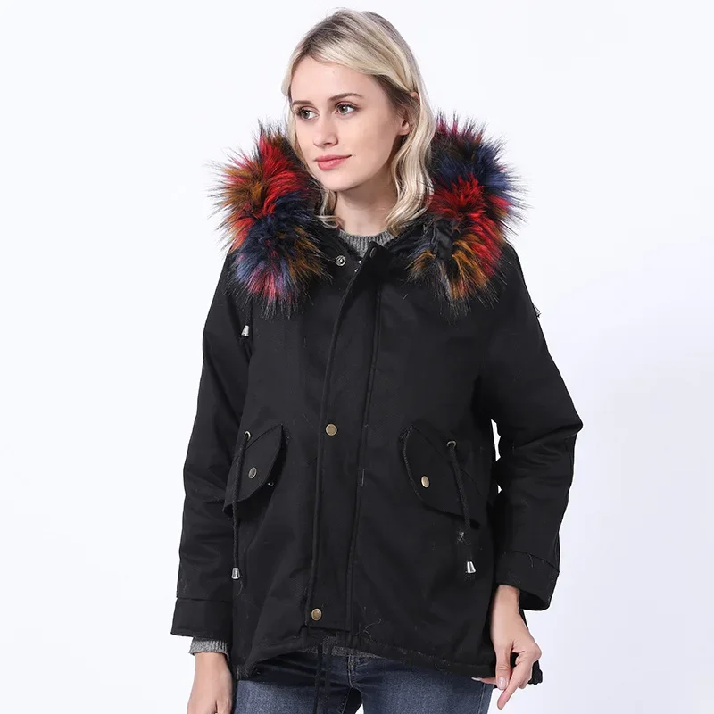 Coat Women Jacket Medium Length Fur Collar Loose and Fashionable Thickened Winter Style Overcoat