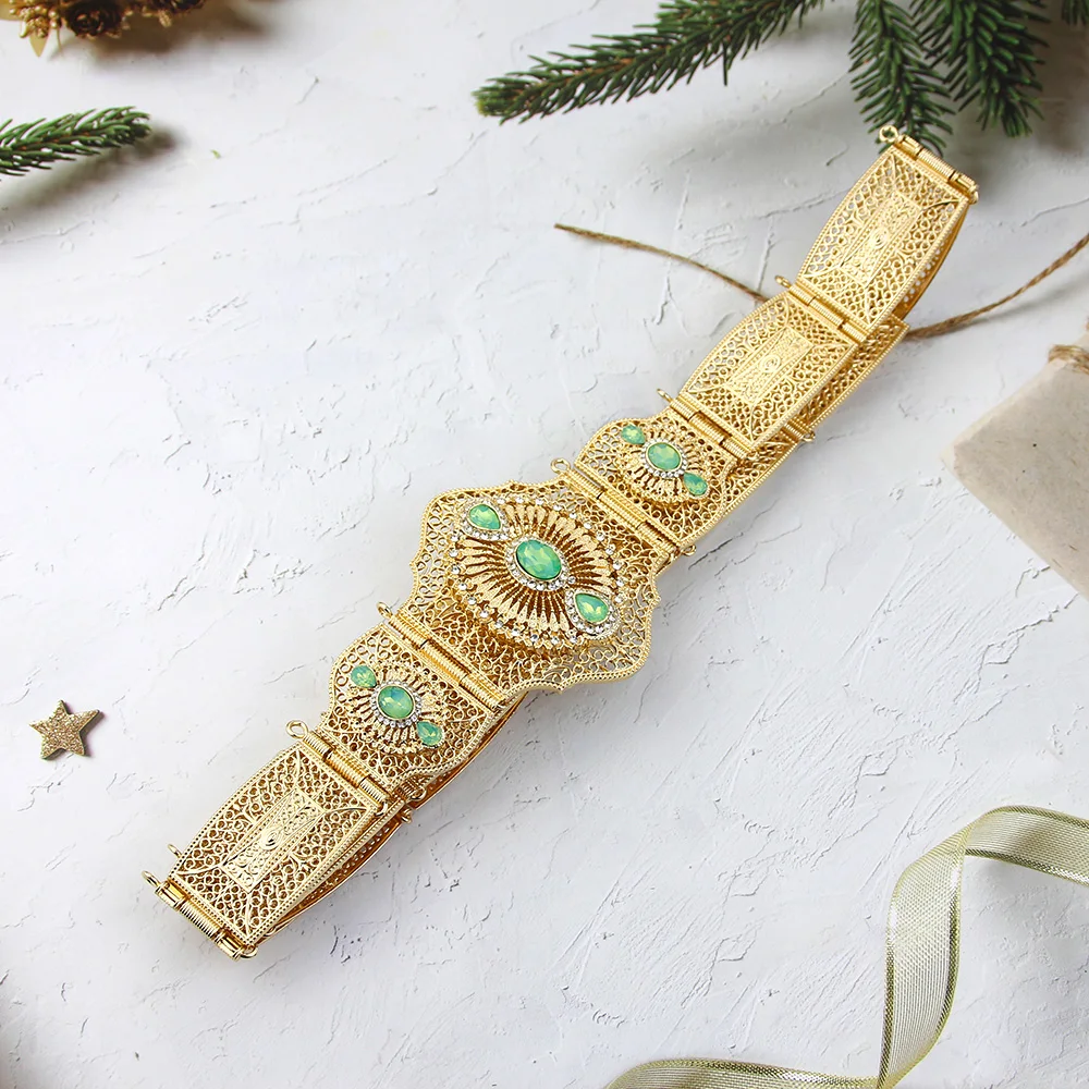 Neovisson Morocco Fashion Style Belt Women Dress Caftan Belt Gold Color Mintgreen Crystal Belly Chain Wedding Jewelry 