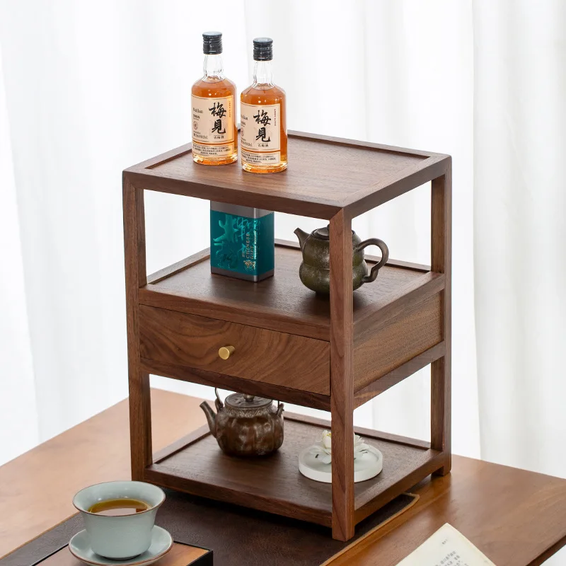Black walnut solid wood tea set storage rack room set ornaments dust-proof rack tea set dust-proof storage