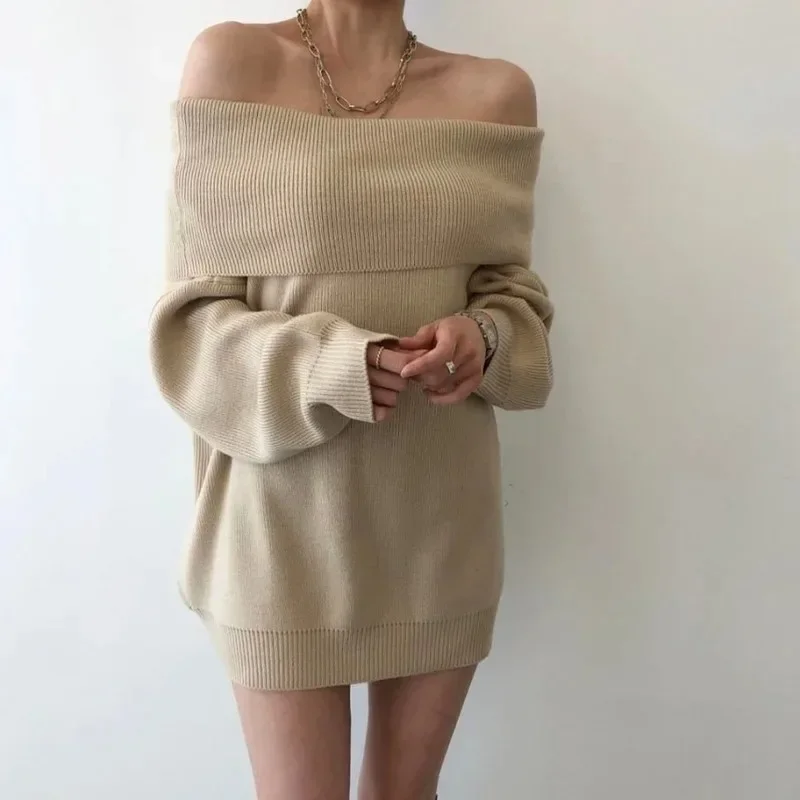 

Korean Style Temperament Elegant Off-the-shoulder Neckline Loose Mid-length Two-wear Long-sleeved Knitted Sweater Women