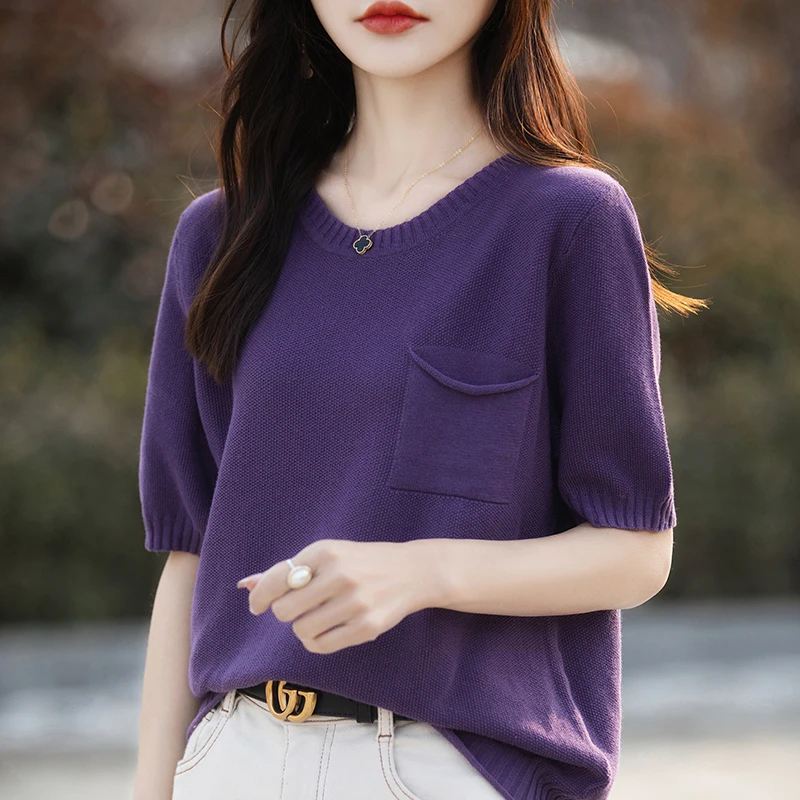 

2024 Spring and Autumn Loose and Comfortable Round Neck Solid Color Small and Popular Women's Top Short Sleeves