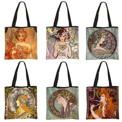 Oil Painting By Alphonse Mucha Print Shoulder Bags Women Causal Totes Beauty Ladies Handbag Female Reusable Storage Shopping Bag