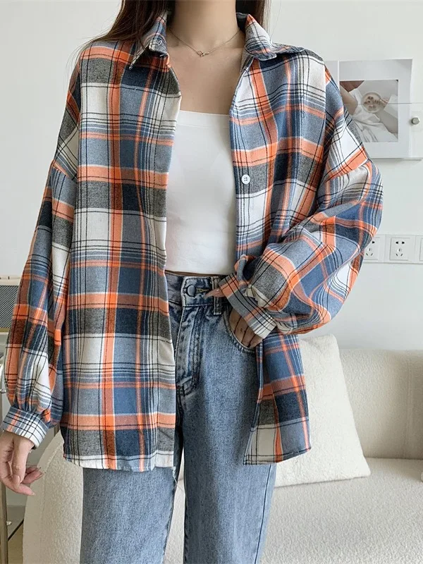 

Women's Loose Long Sve Plaid Sun Protection irt Spring New Sle Retro Outerwear Spring Autumn Top Faion Sensation