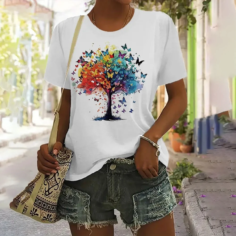 Women Clothing Summer Butterfly Tree Print T-Shirt Short Sleeve Crew Neck Tops Streetwear Fashion Oversized Girls T-Shirts