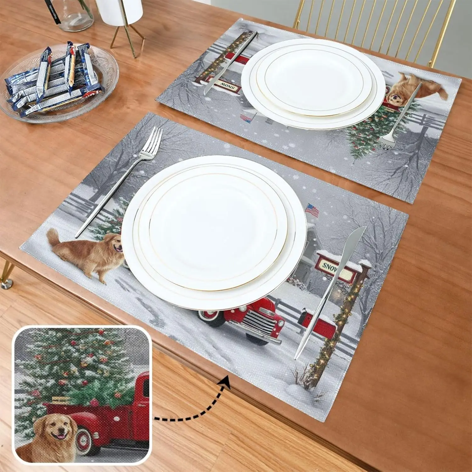 

Christmas Truck Golden Retriever Placemats Set of 4 Winter Tree Red Car Dogs Xmas Table mats Burlap Placemat Kitchen 12" x 18"