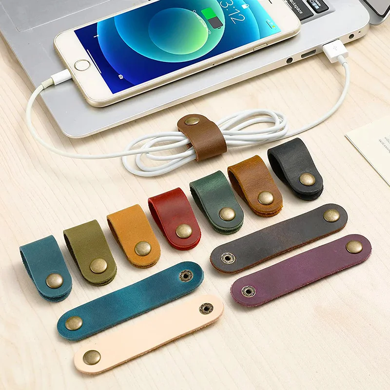 10 Pack PU Leather Cable Organizer Cord Winder for Earphone USB C Lightning Android Phones Wireless Headphone Free Adhesive