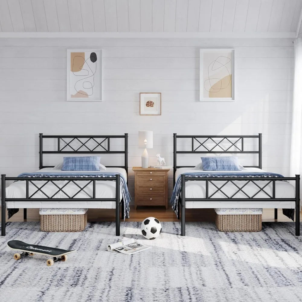 Yaheetech 2PCS Twin XL Metal Bed Frame Platform Bed Set of 2 Mattress Foundation with Headboard and Footboard Metal Bed with Und