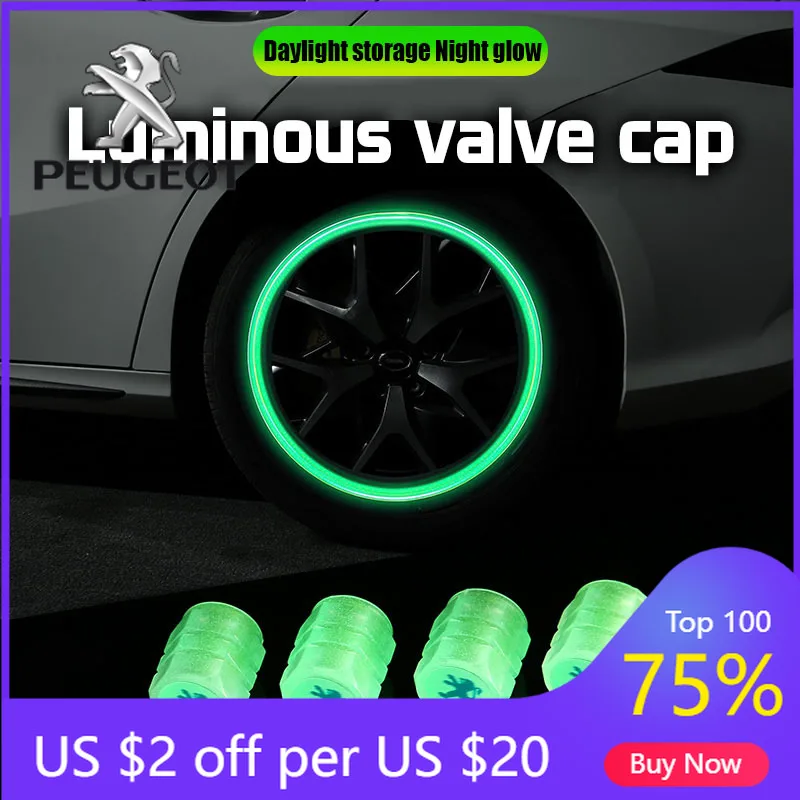 

2026 Hot Car Sticker 4Pcs Luminous Motorcycle Bicycle Car Tire Valve Caps Wheel Dust Cover For Peugeot 308 206 307 607 207 407 3