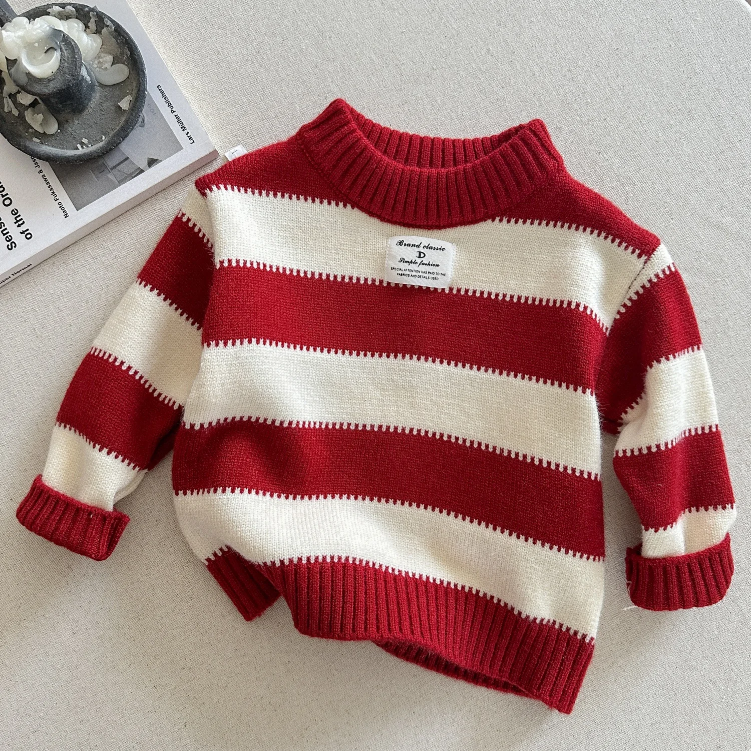 Children's Christmas Striped Sweater Autumn Winter Boys' aGirls' Round Neck Thickened Pullover Loose Knitted Warm Top