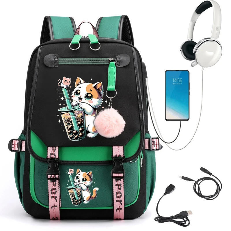 Kawaii Backpack Girl Teenager Mochila Travel School Backpack Black Pink Bagpack Boba Anime Cat School Bag Usb Mochilas Escolares