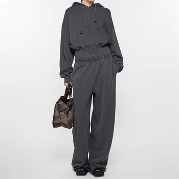 מכנסיים של נשים 2024 סתיו מכתב רקום טרנינג אלסטי המותניים ישרה כותנה טהורה רגל ישרה מכנסיים רגליים רחבים