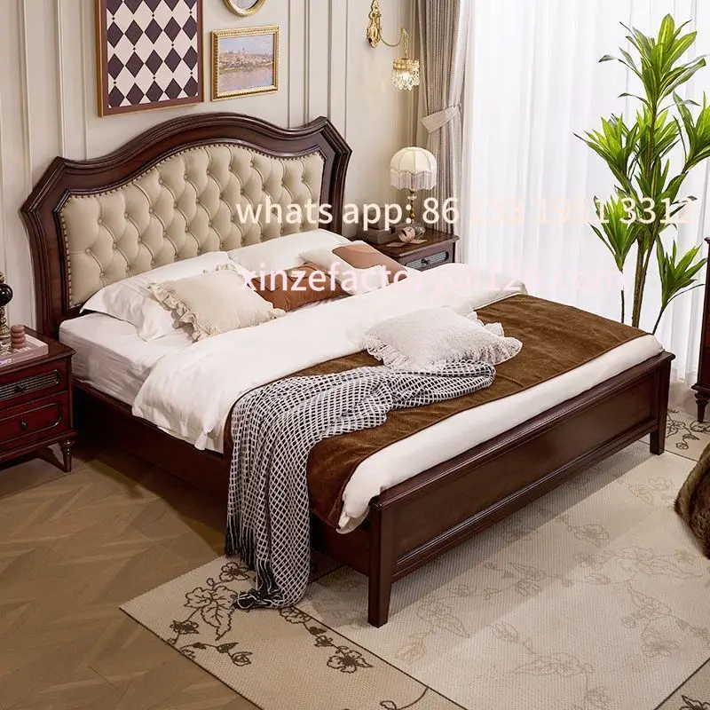 

Customizable American retro leather solid wood bed European simple bedroom furniture master bedroom large bed antique double bed