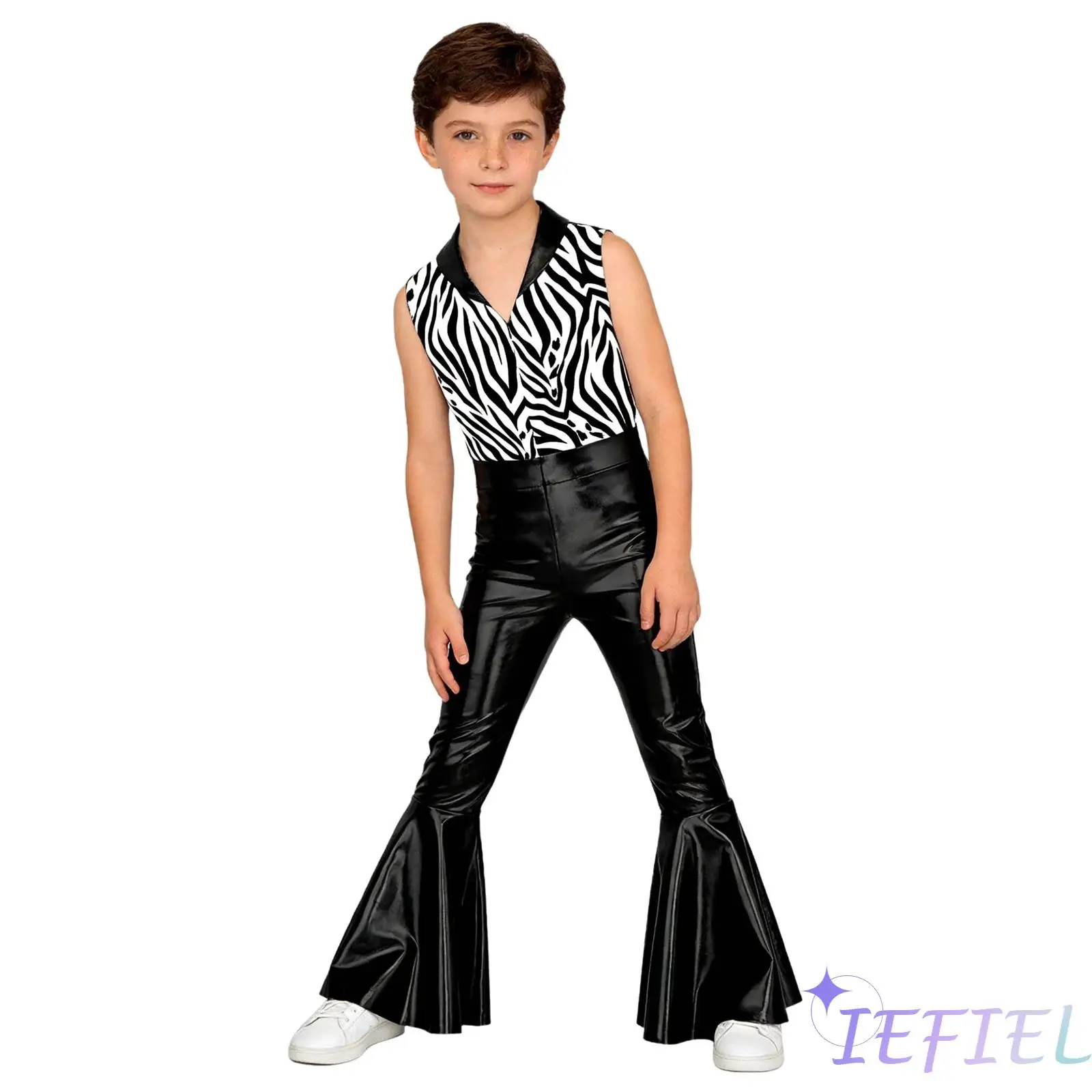 

Kids Boys Disco Jumpsuit with Metallic Glossy Print And Long Flare Pants Sleeveless Patchwork Unitard for Halloween Dress Up