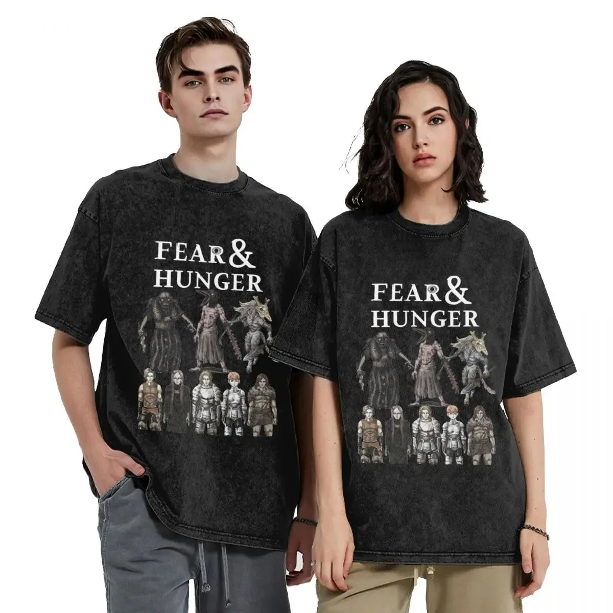 Fear And Hunger T Shirt Hip Hop Washed Cotton Oversize T-Shirt Novelty Men Women Tops Streetwear Printed Tee Shirt