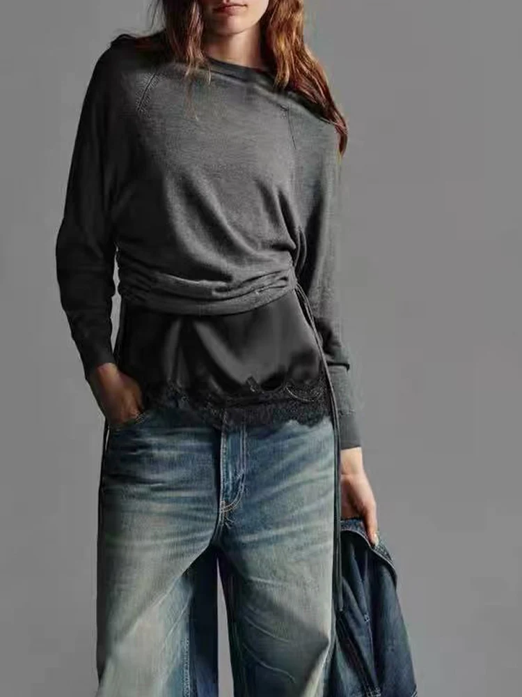 

European and American style 2025 autumn new products women's clothing loose simple tie round neck long sleeve sweater