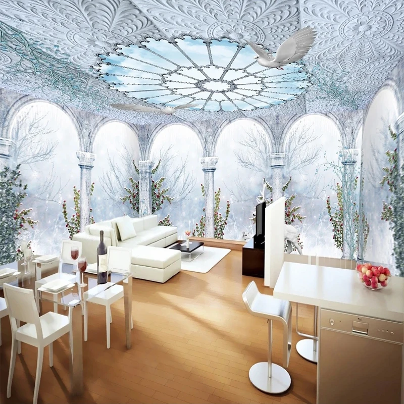 3D Stereo Custom Any Size Wall Ceiling Wallpaper Creative Home Decor Design Snow Deer White Column Balcony Photo Mural
